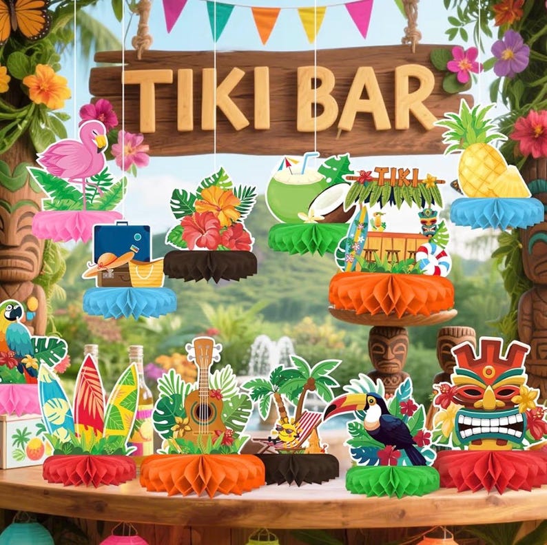Hawaiian Luau Party Decorations Set: Aloha Theme Table Decoration with Luau Honeycomb Centerpiece for Tiki and Luau Hawaiian Party Supplies