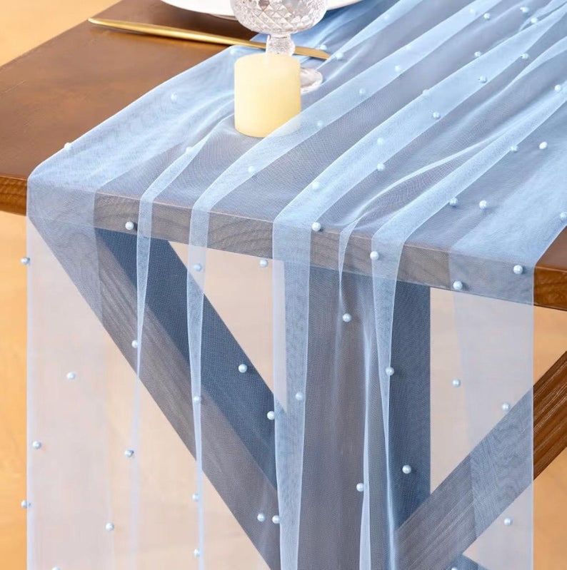 Pearl Table Runner Tulle Blue Summer Cheesecloth 10FT Gauze Cheese Cloth Sheer Chiffon Dining Wedding Birthday Party Baby Shower Bridal