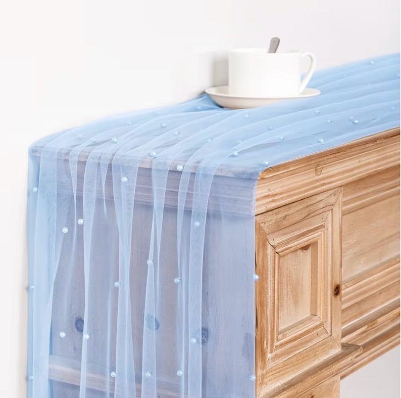 Pearl Table Runner Tulle Blue Summer Cheesecloth 10FT Gauze Cheese Cloth Sheer Chiffon Dining Wedding Birthday Party Baby Shower Bridal