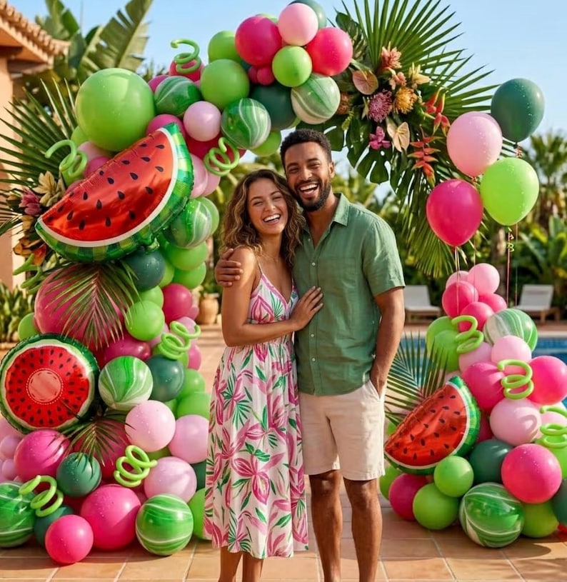 Fruit Balloon Garland Arch Kit - 157Pcs Watermelon Balloons Hot Pastel Pink Lime Green Balloon Arch Kit for Summer One in a Melon Theme Bday