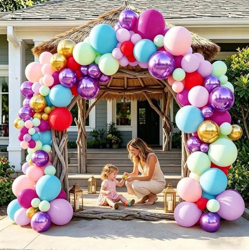 Pink Blue Purple Balloon Arch Double Stuffed Baby Blue Lavender Red Balloons Pastel Lilac Pink Gold  Balloon Garland Kit for Fairy Tea Party