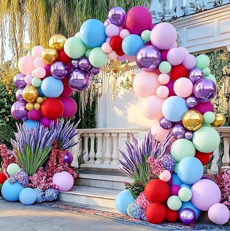 Pink Blue Purple Balloon Arch Double Stuffed Baby Blue Lavender Red Balloons Pastel Lilac Pink Gold  Balloon Garland Kit for Fairy Tea Party
