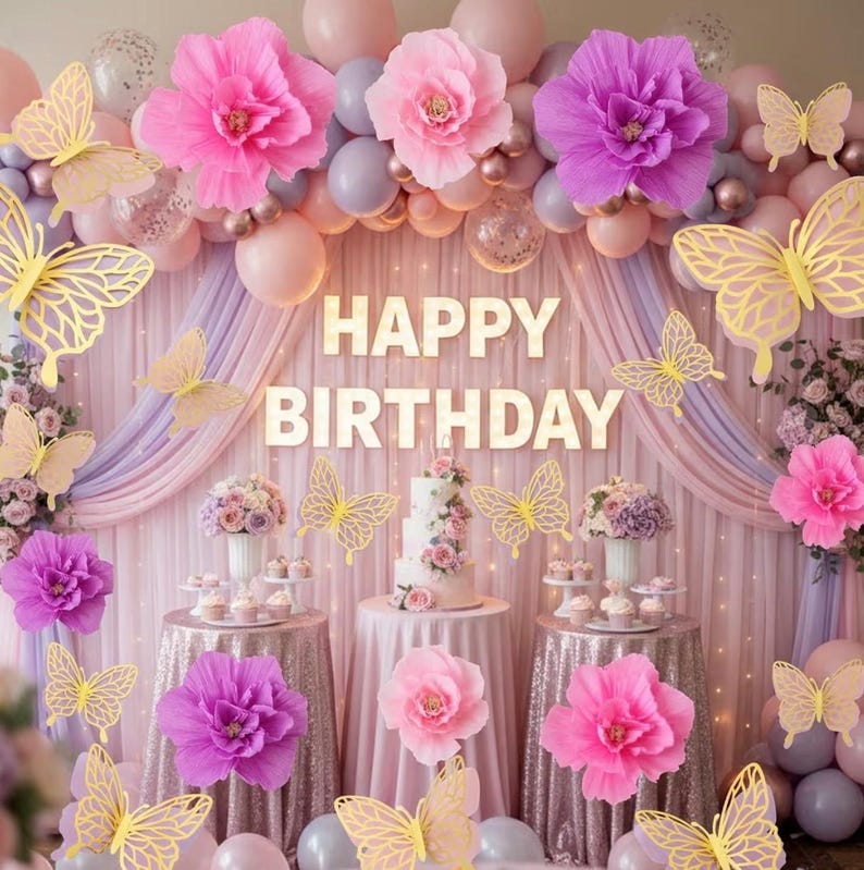 22Pcs 3 Sizes Large Butterfly Party Decorations 3D Giant Pastel Flowers Decors 2 Layer Paper Butterfly 12" 10" 8" Paper Flowers for Birthday
