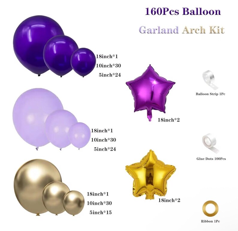 Dusty Purple and Gold Balloon Garland Arch Kit, 160Pcs Dusty Purple Light Purple Gold Latex Balloons with Star Foil Balloons for Graduation
