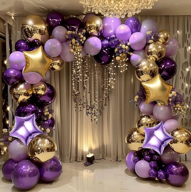Dusty Purple and Gold Balloon Garland Arch Kit, 160Pcs Dusty Purple Light Purple Gold Latex Balloons with Star Foil Balloons for Graduation