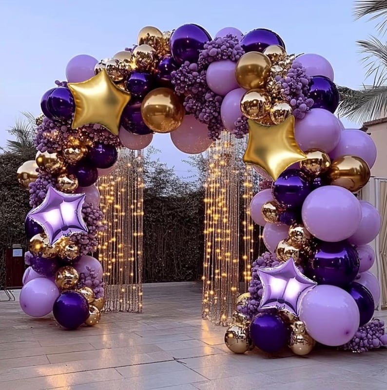 Dusty Purple and Gold Balloon Garland Arch Kit, 160Pcs Dusty Purple Light Purple Gold Latex Balloons with Star Foil Balloons for Graduation