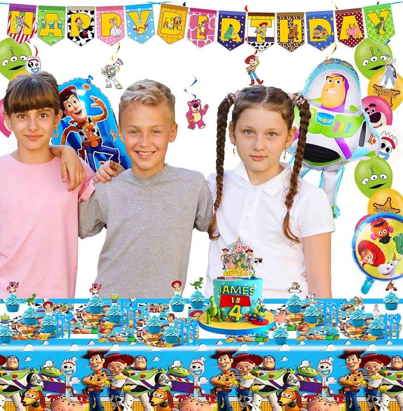 Cartoon Birthday Decorations, Cartoon Party Supplies - Happy Birthday Banner Balloons Plates Backdrop Cake Toppers Tablecloth Hanging Swirls