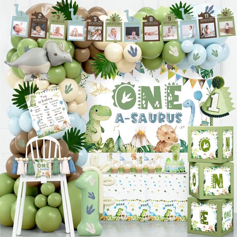 One a Saurus Birthday Decorations, Dinosaur 1st Birthday Party Supplies with One-A-Saurus Backdrop, Balloon Garland, Highchair Banner, Boxes