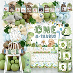 One a Saurus Birthday Decorations, Dinosaur 1st Birthday Party Supplies with One-A-Saurus Backdrop, Balloon Garland, Highchair Banner, Boxes