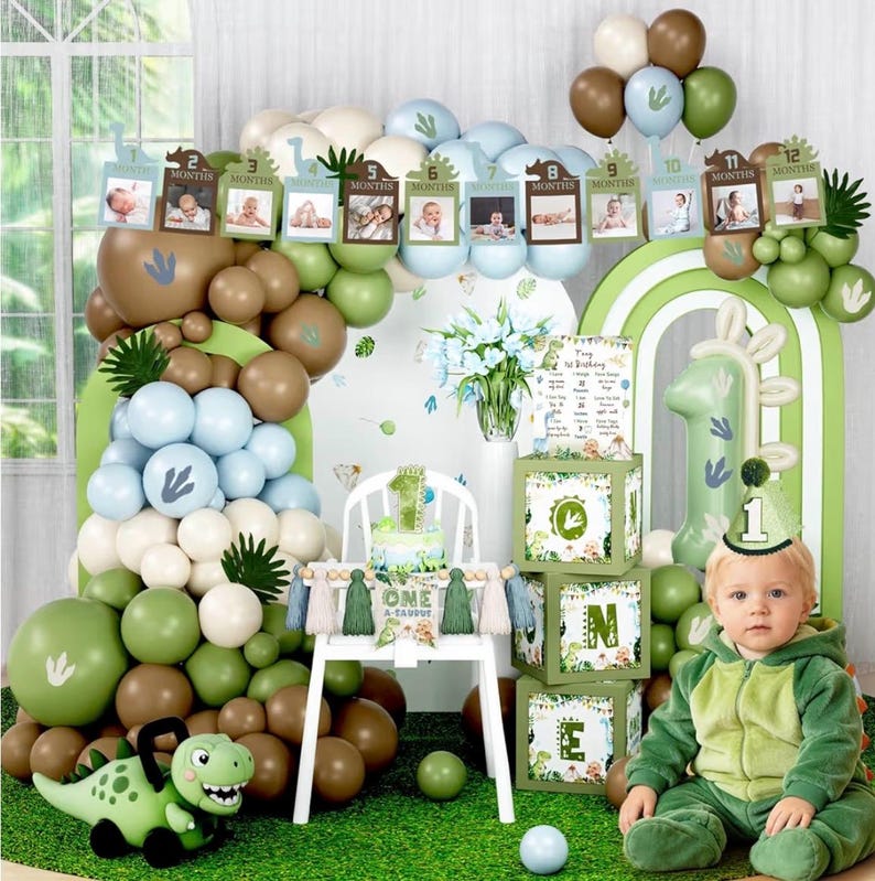 One a Saurus Birthday Decorations, Dinosaur 1st Birthday Party Supplies with One-A-Saurus Backdrop, Balloon Garland, Highchair Banner, Boxes