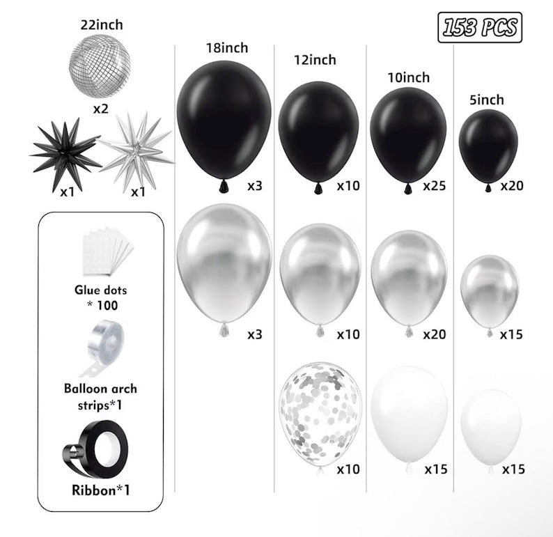 Black Silver Disco Ball Balloon Garland Kit, Disco Theme Party Decorations, Silver Black Balloon Arch, Let’s Party Backdrop Decor, Birthday