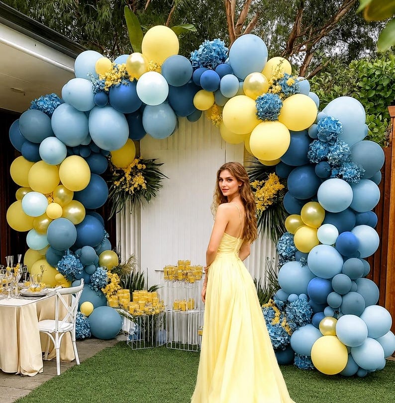 Dusty Blue Yellow Balloon Arch Kit Double Stuffed Dark Pastel Blue Light Yellow Pearl Balloon Garland for Birthday Bridal  Baby Shower