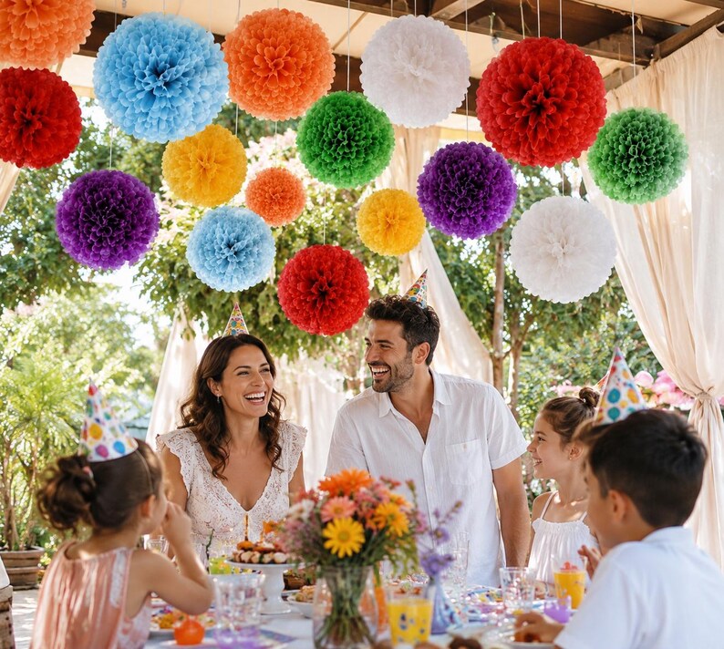 Colorful Tissue Paper Pom Poms Set of 14, Rainbow Party Decorations, Hanging Paper Flowers, Fiesta Birthday Decor, Baby Shower Ceiling Decor