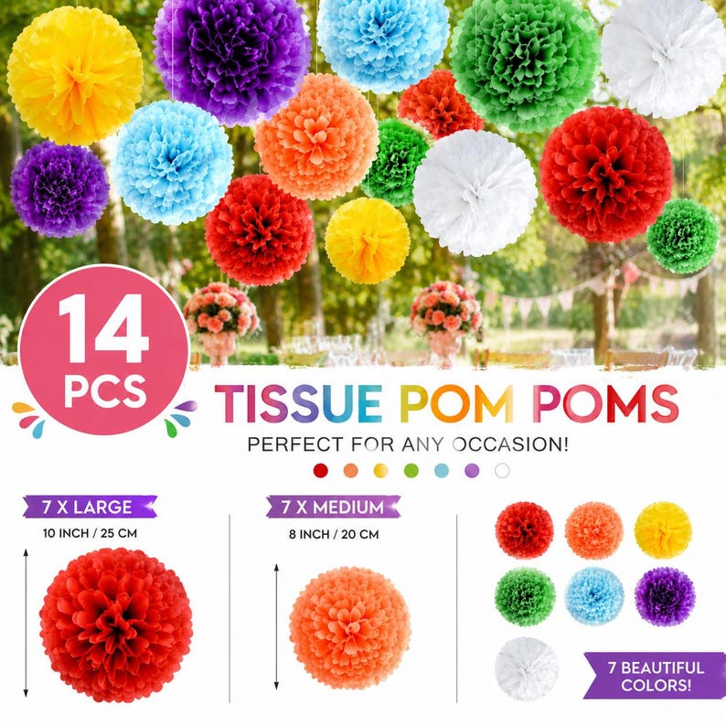 Colorful Tissue Paper Pom Poms Set of 14, Rainbow Party Decorations, Hanging Paper Flowers, Fiesta Birthday Decor, Baby Shower Ceiling Decor