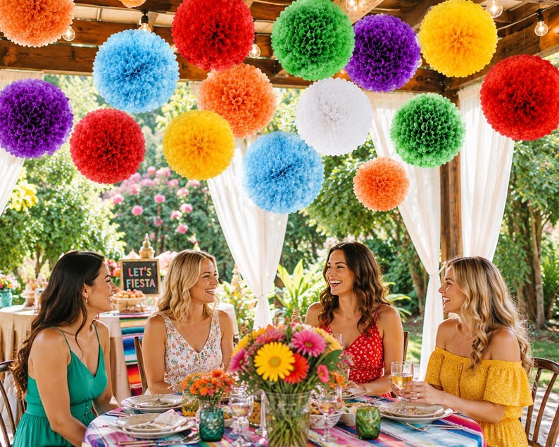 Colorful Tissue Paper Pom Poms Set of 14, Rainbow Party Decorations, Hanging Paper Flowers, Fiesta Birthday Decor, Baby Shower Ceiling Decor