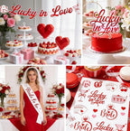 161 Pcs Lucky in Love Bachelorette Decorations, Complete One-Stop Red Bachelorette Party Supplies With Banner, Balloon, Fringe Curtains