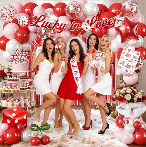 161 Pcs Lucky in Love Bachelorette Decorations, Complete One-Stop Red Bachelorette Party Supplies With Banner, Balloon, Fringe Curtains