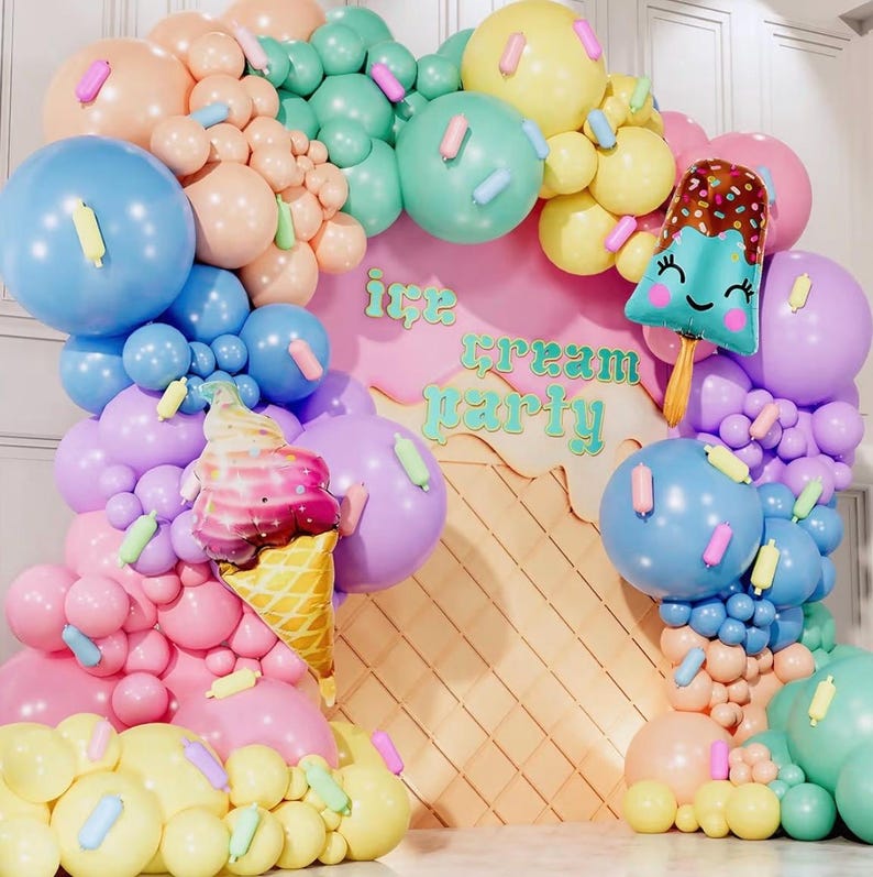 ALL-IN-1 Ice Cream Balloon Arch Kit with BONUS Ice Creams & Sprinkle Balloons for Ice Cream Party Decorations - Candyland Balloon Arch