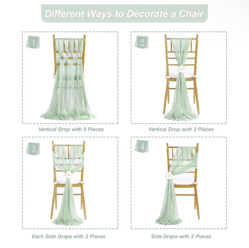 Sage Green Chair Sashes 16 Pack, 8ft Long Wedding Chair Drapes, Sheer Aisle Chair Decorations for Ceremony Reception
