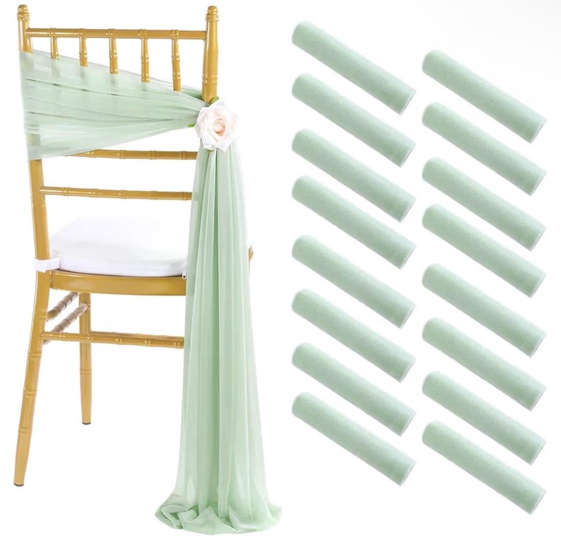 Sage Green Chair Sashes 16 Pack, 8ft Long Wedding Chair Drapes, Sheer Aisle Chair Decorations for Ceremony Reception