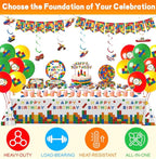 197 Pcs Building Blocks Birthday Party Set with Backdrop, Tablecloth, Banner, Brick Cake & Cupcake Toppers - Complete Building Block Party