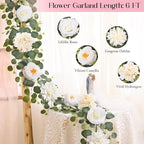 6 Ft Flower Garland with Lights, White Rose Floral Garland Fake Flowers for Wedding Arch Party Tables Backdrop Decor