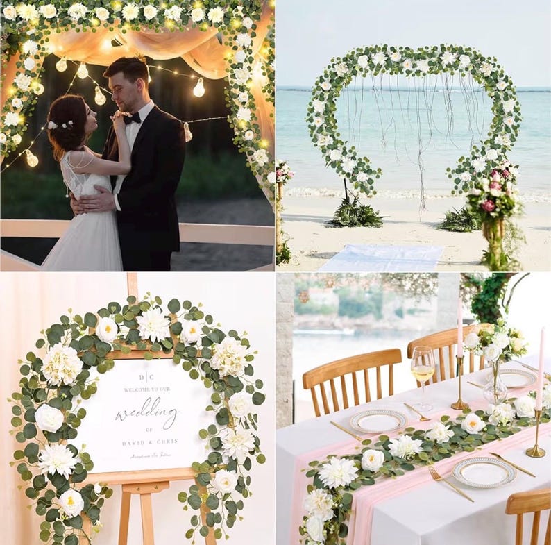 6 Ft Flower Garland with Lights, White Rose Floral Garland Fake Flowers for Wedding Arch Party Tables Backdrop Decor