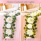 6 Ft Flower Garland with Lights, White Rose Floral Garland Fake Flowers for Wedding Arch Party Tables Backdrop Decor