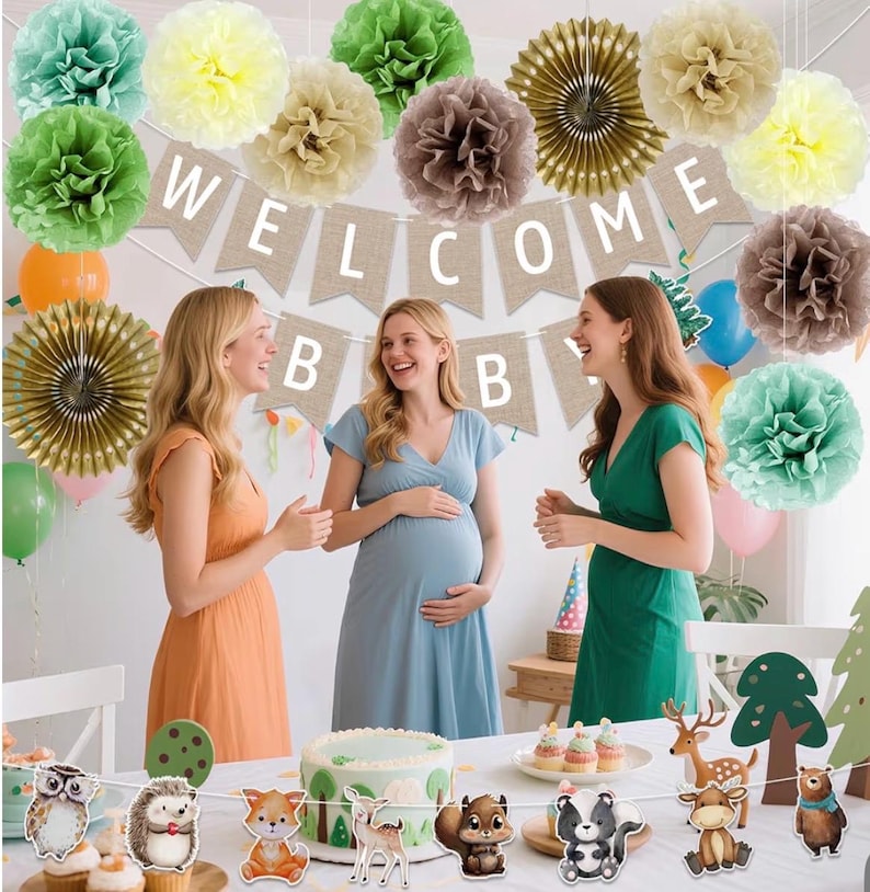 Woodland Baby Shower Decorations 14 Pcs Baby Shower Decorations with Welcome Baby Banners Paper Lantern Paper Flower Pom Poms Indoor & Outdo