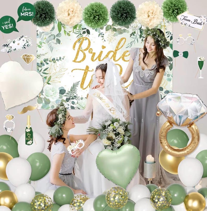 Bridal Shower Decorations, Sage Green Bachelorette Party Decorations Bride to Be Banner Backdrop Sash Veil Confetti Foil Balloons Tassel