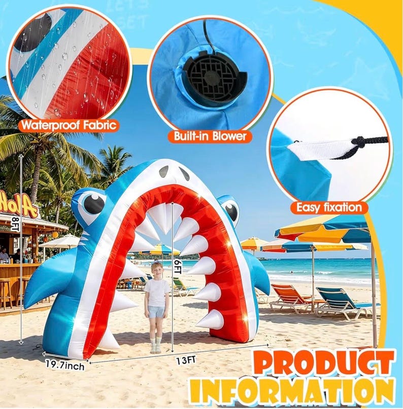 13×8 FT Summer Shark Inflatable Arch Decoration, Giant Outdoor Ocean Theme Blow Up with Built-in 6 LED Lights and 1 Blower for Summer Yard