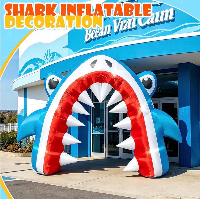 13×8 FT Summer Shark Inflatable Arch Decoration, Giant Outdoor Ocean Theme Blow Up with Built-in 6 LED Lights and 1 Blower for Summer Yard