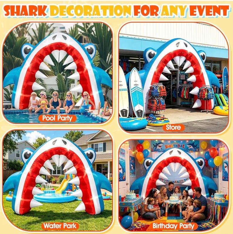 13×8 FT Summer Shark Inflatable Arch Decoration, Giant Outdoor Ocean Theme Blow Up with Built-in 6 LED Lights and 1 Blower for Summer Yard