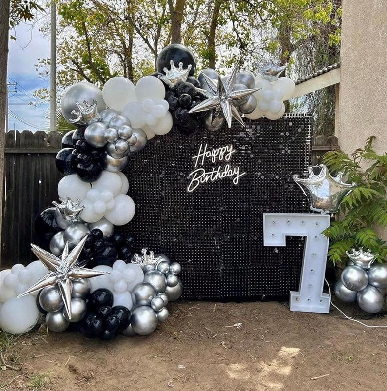 Black Silver Disco Ball Balloon Garland Kit, Disco Theme Party Decorations, Silver Black Balloon Arch, Let’s Party Backdrop Decor, Birthday