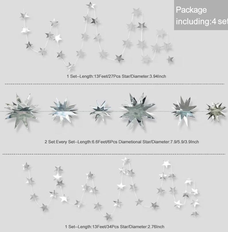 Silver Star Garland Party Decorations Kit 3D Stars Metallic Bunting Banner for Holiday Xmas Birthday Wedding Baby Shower Hanging Decorations