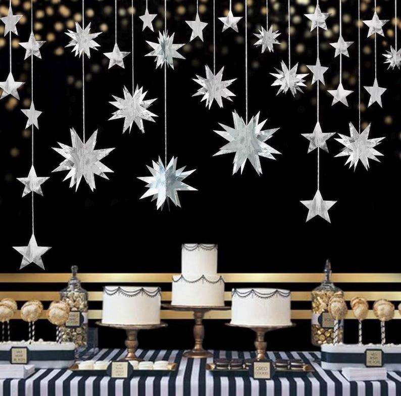 Silver Star Garland Party Decorations Kit 3D Stars Metallic Bunting Banner for Holiday Xmas Birthday Wedding Baby Shower Hanging Decorations