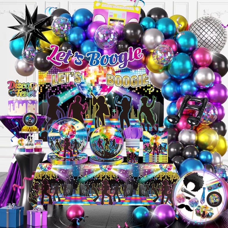 301pcs Disco Party Decorations for 70s, All-in-one 70s Party Decorations for 25 Guests, with No-DIY Banner Thick Plates and Disco Balloon