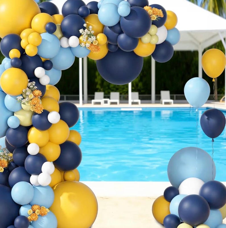 149Pcs Blue and Yellow Balloon Garland Kit Different Sizes 18 12 10 5Inch, 6Pcs 18” White Latex Balloons for Summer Tropical Lemon Party
