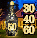 6FT Inflatable Champagne Bottle with 4 Interchangeable Milestone Banners (30th/40th/50th/60th) Black Gold Light Up Blow Up Outdoor Party