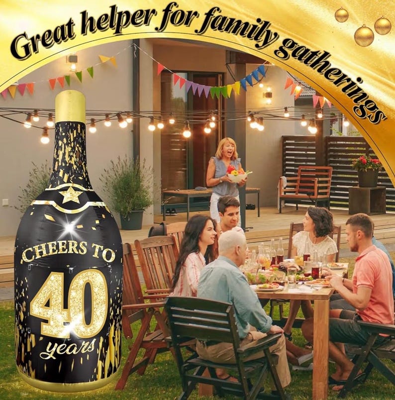 6FT Inflatable Champagne Bottle with 4 Interchangeable Milestone Banners (30th/40th/50th/60th) Black Gold Light Up Blow Up Outdoor Party