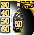 6FT Inflatable Champagne Bottle with 4 Interchangeable Milestone Banners (30th/40th/50th/60th) Black Gold Light Up Blow Up Outdoor Party