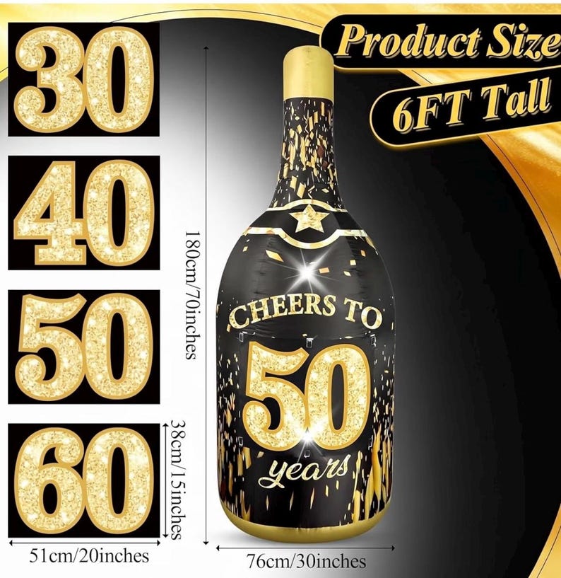 6FT Inflatable Champagne Bottle with 4 Interchangeable Milestone Banners (30th/40th/50th/60th) Black Gold Light Up Blow Up Outdoor Party