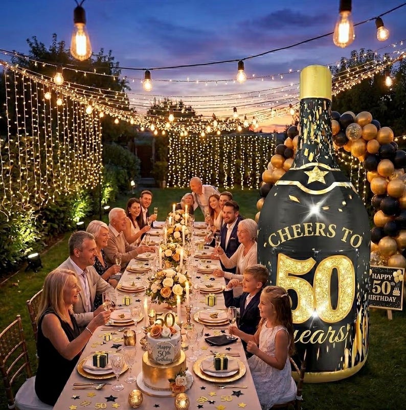 6FT Inflatable Champagne Bottle with 4 Interchangeable Milestone Banners (30th/40th/50th/60th) Black Gold Light Up Blow Up Outdoor Party