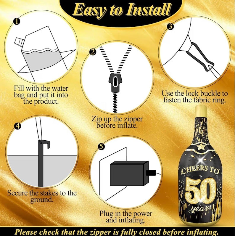 6FT Inflatable Champagne Bottle with 4 Interchangeable Milestone Banners (30th/40th/50th/60th) Black Gold Light Up Blow Up Outdoor Party