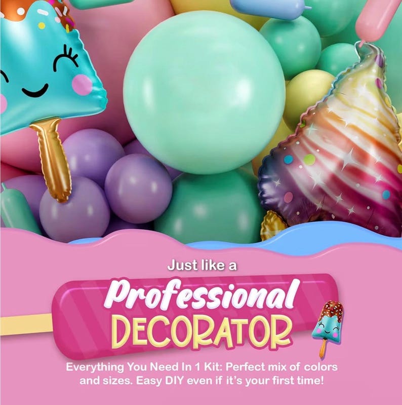 ALL-IN-1 Ice Cream Balloon Arch Kit with BONUS Ice Creams & Sprinkle Balloons for Ice Cream Party Decorations - Candyland Balloon Arch