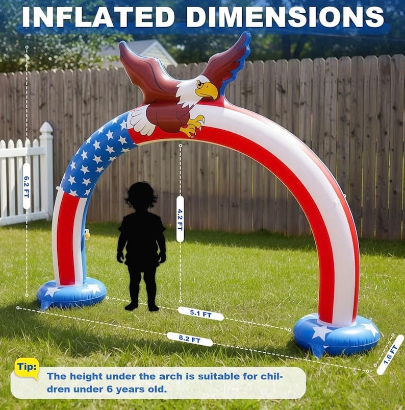 8.5 x 6.2 Ft Outdoor Sprinkler for Kids Age 3-7 Years Old - 250th Anniversary Eagle Arch Inflatable Kid Sprinklers for Yard - Water Park