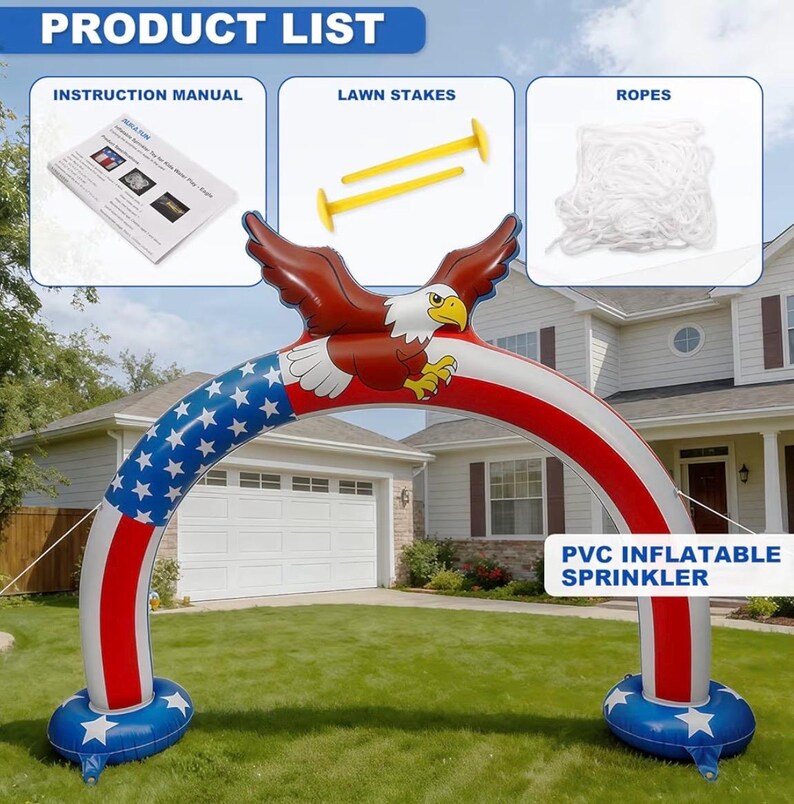 8.5 x 6.2 Ft Outdoor Sprinkler for Kids Age 3-7 Years Old - 250th Anniversary Eagle Arch Inflatable Kid Sprinklers for Yard - Water Park