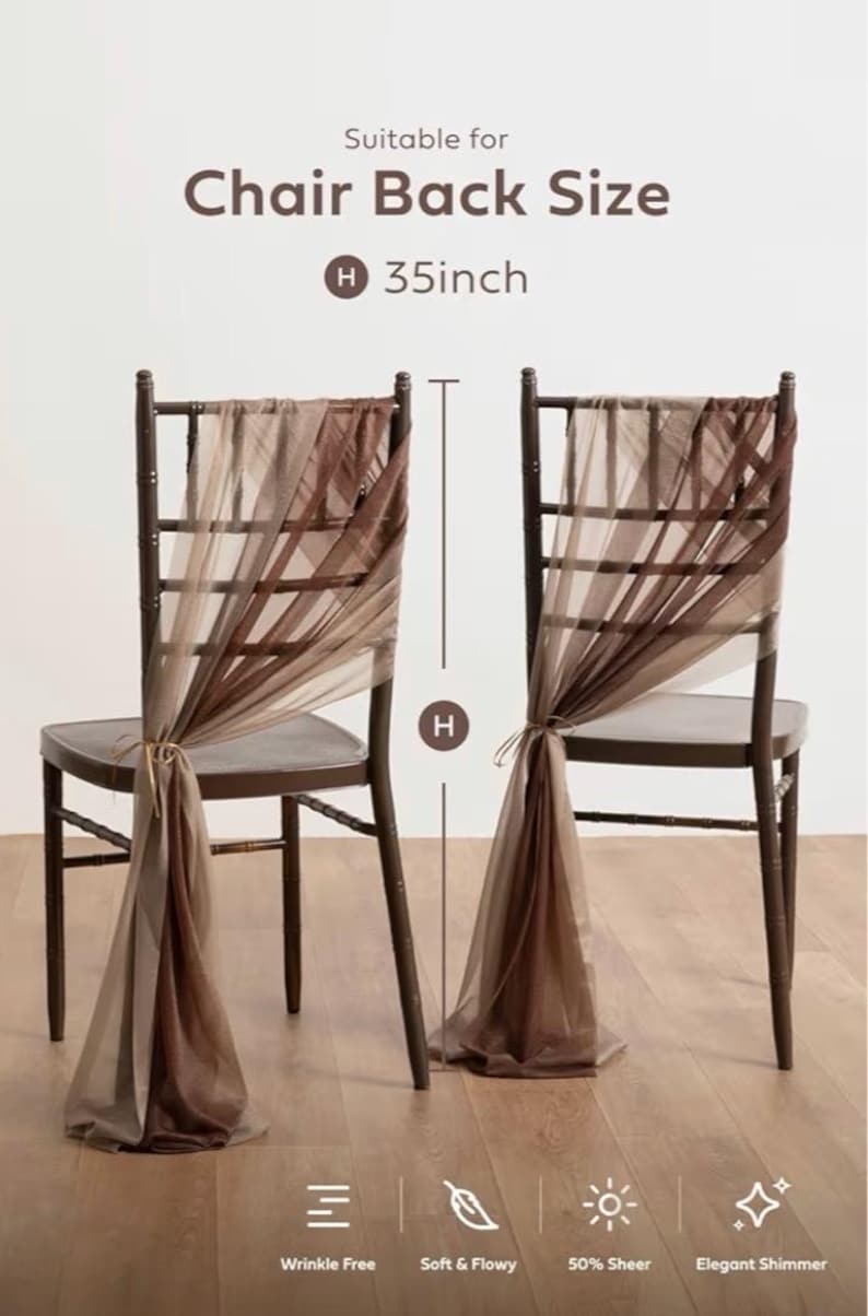 Wedding Chiffon Chair Sashes Cover Aisle Decorations Draping Fabric Wrinkle-Free with Tie 16 Pcs Cappuccino & Brown for Party Ceremony