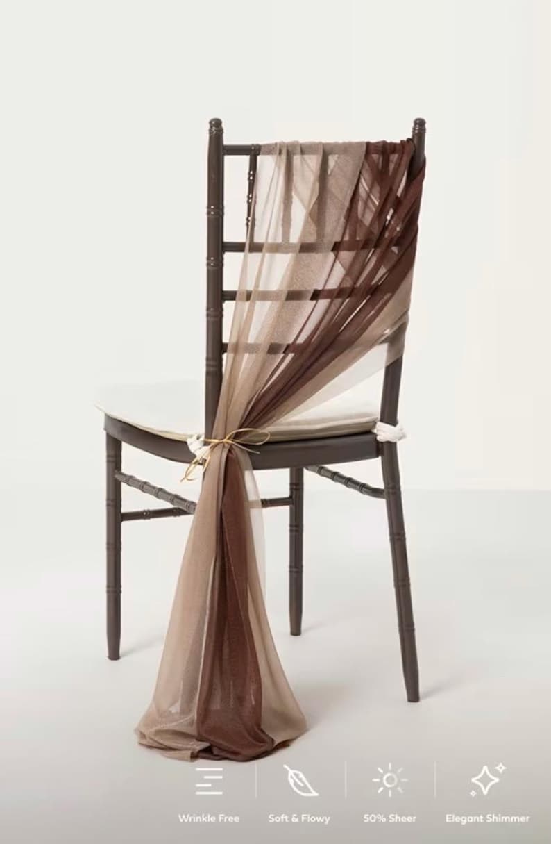 Wedding Chiffon Chair Sashes Cover Aisle Decorations Draping Fabric Wrinkle-Free with Tie 16 Pcs Cappuccino & Brown for Party Ceremony