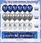 Blue 80th Birthday Decorations for Men Women, Navy Blue Silver Happy 80th Birthday Yard Banner and Balloons for Men Women 80 Years Old Party
